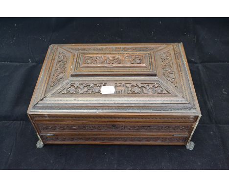 Carved hardwood 19th Century Indian vanity box with lions feet carved body internal mirror lift out shelf further compartment