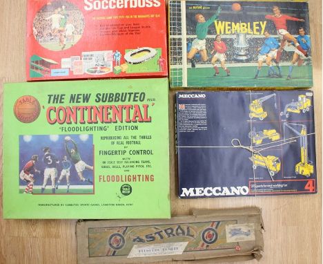 A collection of football games to include; Subbuteo, Soccerboss, Wembley and Meccano with plane and train toys