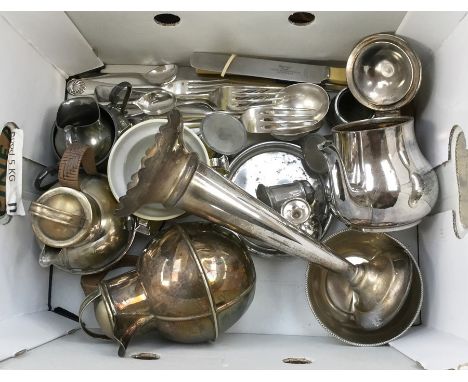 A collection of silver plate, EPNS, white metal including two early 20th Century Jersey jugs with rattan handles; an Art Deco