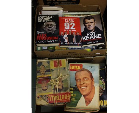 Two boxes of assorted sporting memorabilia to include: Charles Buchan Football Monthly; various hardback books, football and 