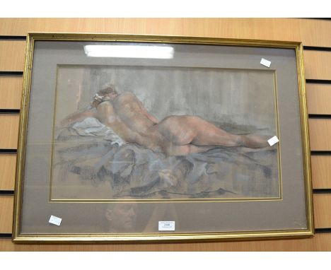 A pastel image of a female nude, reclining, back view, signed. LHS. Fountain