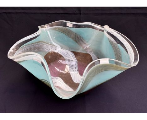 A large Svaga art glass centrepiece bowl, browns through to aquamarine opaque white and clear. Convoluted shape.