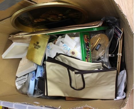 Collection of breweryana including trays, tap tags, names advertising boards, ashtrays, optic, ceramic tops, and two bottles 