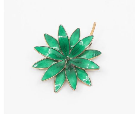 Oslo Hroar Prydz- A Modernist green guilloche enamel brooch, in the form of a flower, circa 1960's, stamped Norway 925 S Ster