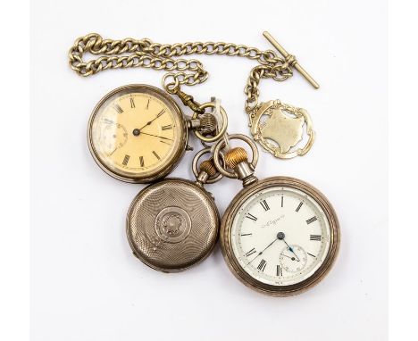 Three pocket watches, to include a white metal open faced&nbsp; Elgin, white enamel dial, Roman numerals and subsidiary dial,