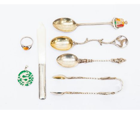 Victorian apostle sugar tongs and spoon, London 1894; an Edwardian ladies letter opener with mother of pearl blade, Birmingha