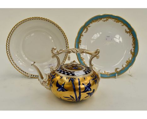 A late 19th Century teapot with gold ground detail and birds in flight plus Minton with blue and gilt detail bowl and plate