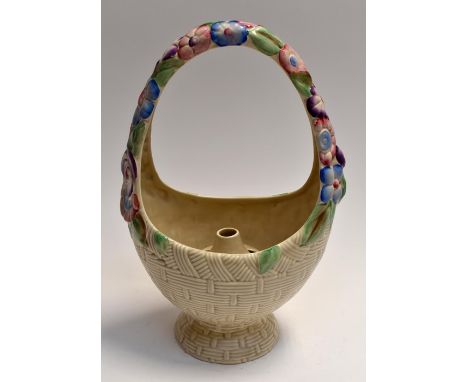 A Clarice Cliff ceramic posy basket with internal flower stand, no cracks