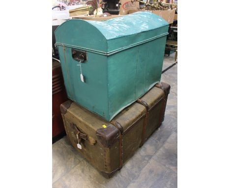 A "marriage" trunk with shelf, early 20th Century along with metal dome trunk