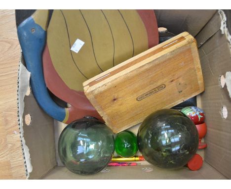 1970's glass balls, paperweights, wooden tray, silver pin case, Cloisonne teapot, painted treen etc (Q)