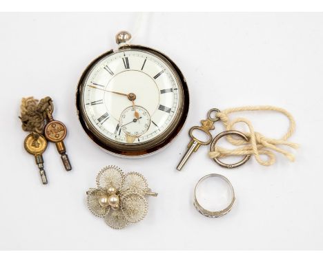 A Victorian silver pocket watch in case, a/f along with a Mizpah ring and filigree silver brooch and watch key&nbsp;