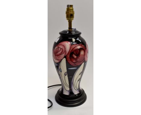 A Moorcroft Bellahouston baluster lamp base with plinth and a maroon original moorcroft shade (2)