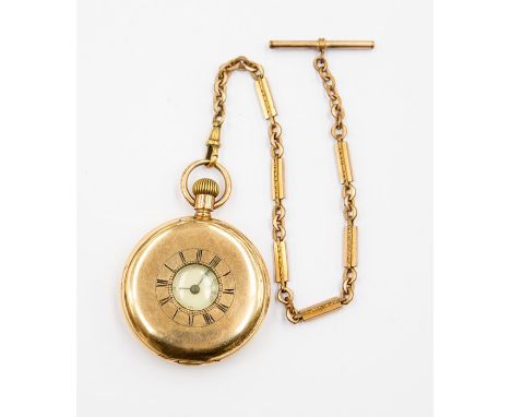 A gold plated half hunter pocket watch, approx 5cm diam, enamel dial, subsidiary dial, numerals, along with fancy gilt metal 