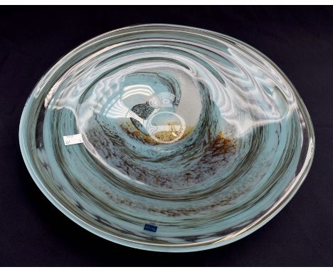 A Svaja art glass flattened bowl centrepiece. Turquoise and black swirls.