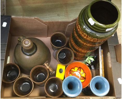 A Glenshee pottery whiskey panel and matching 6 goblets, along with a pair of Denby spill vases; Poole Delphis bowl and vase;