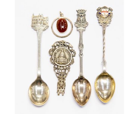 Continental silver .80 standard spoons x 2, spoon finial Hotel Des Invalides and an Oriental silver pendant plus EPNS spoon (