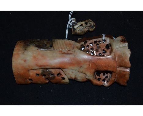 A Chinese carved soapstone candlestick, with crane carving, and a monkey soapstone Netsuke&nbsp;