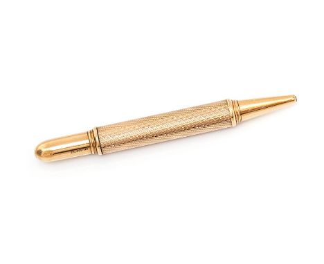 A 9ct gold propelling pencil by Asprey & Co, Gatling gun style, engine turned decoration, London 1930, length approx 90mm, to