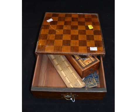 An early 19th Century chess board with campaign handle drawer along with a collection of 19th Century prints