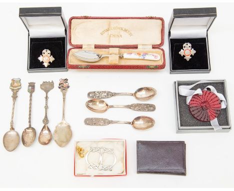 Two silver and enamel George V and Queen Mary brooches, boxed; a Lalique pendant, 2011; a Derby spoon, silver and 0.90 silver