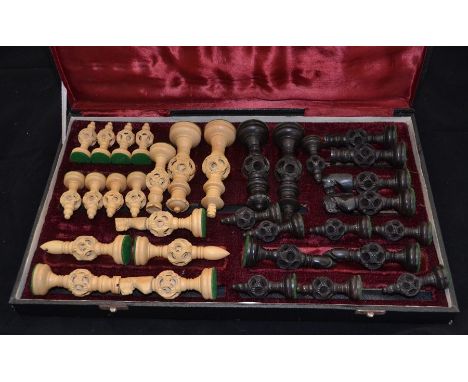 Set of chess pieces, carved wooden box