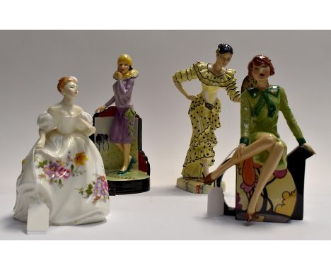 A collection of Kevin Francis figures: Clarice Cliff - centre stage no:467; Clarice Tea Time no. 367 and the Spanish Dancer (
