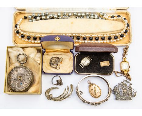 A collection of costume jewellery to consist of; silver and marcasite bangle, brooches, earrings, a silver Victorian pocket w