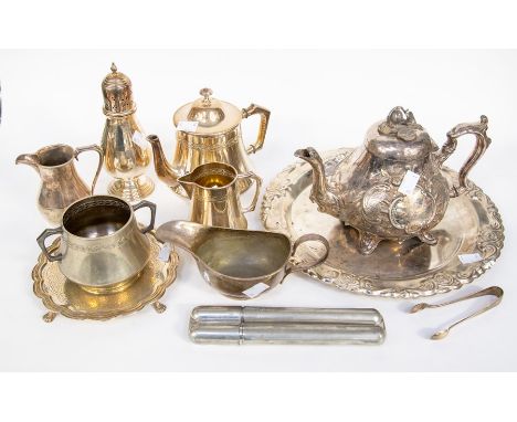 A Victorian teapot, three piece tea set, sugar dredger, sauce boats, tray, teapot stand and hip flask (Q)