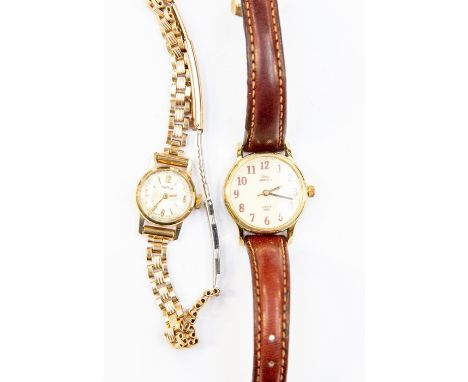 A 9ct gold ladies watch on later rolled gold strap along with a ladies&nbsp; Timex dress watch with leather strap