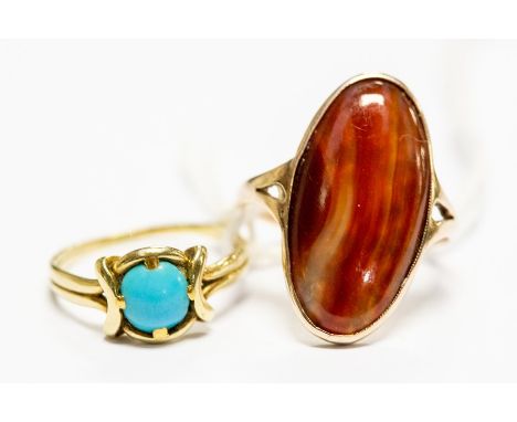 A 9ct gold polished carnelian ring together with a Victorian yellow metal and turquoise ring