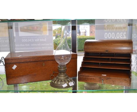 An oak deed box/writing box, circa 19th Century along with an oil lamp