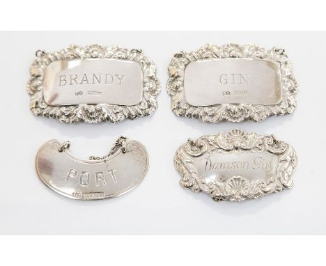 Four silver decanter labels - 'Gin'; 'Port'; 'Damson Gin' and 'Brandy', total 1.59 ozt approx (4)&nbsp;