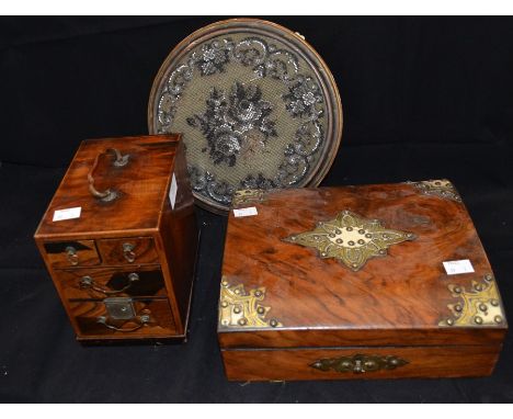 A Victorian walnut trinket box, small early 20th Century inlaid trinket box and beaded Victorian foot stool