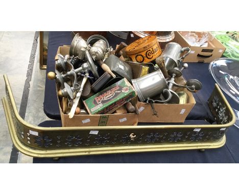 A collection of metal to include pewter, tins, tools, fender and other items
