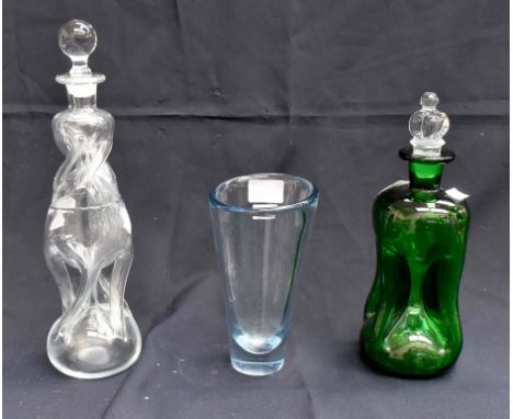 A Holmegaard 1958 pale blue vase, a squashed green decanter together with an ant glass decanter (3)