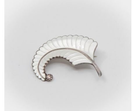 Albert Scharning - a silver and enamel brooch in the form of a feather, white guilloche enamel, stamped A. SCH, circa 1930's 