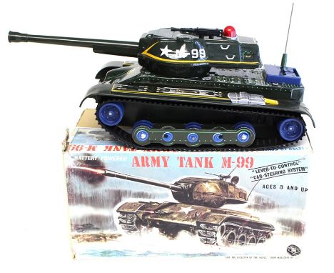 Masudaya: A boxed, battery operated, tinplate, Army Tank M-99, Made by Masudaya, Japan, working order, original box, box has 