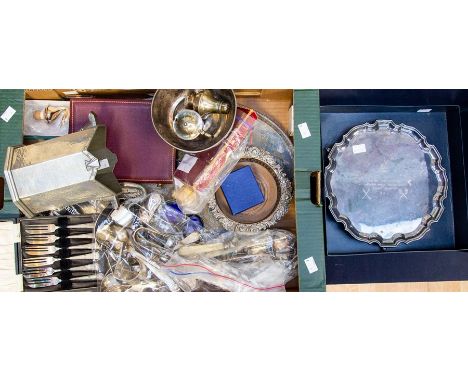 A collection of EPNS plated items to include an Art Deco pewter wine cooler, presentation tray, serving tray, boxed cake fork
