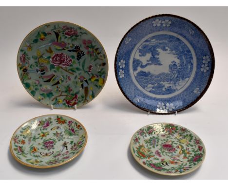 Three Cantonese enamel plates and a Chinese blue and white bronzed edge plate (4)
