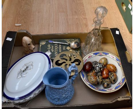 Some early 20th century ceramics including tureen, water jug,bowl, eggs, decanter and book.