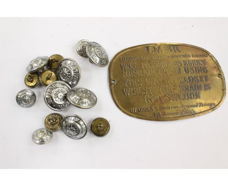 British Railways Guards cap with enamel badge, assorted BR buttons plus LMSR brass plaque "Will Passengers Kindly Refrain..."