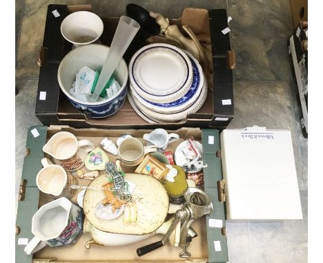 Two boxes of early to mid 20th Century ceramics, including Jasper advertising water jugs, vases, trinket boxes and glass