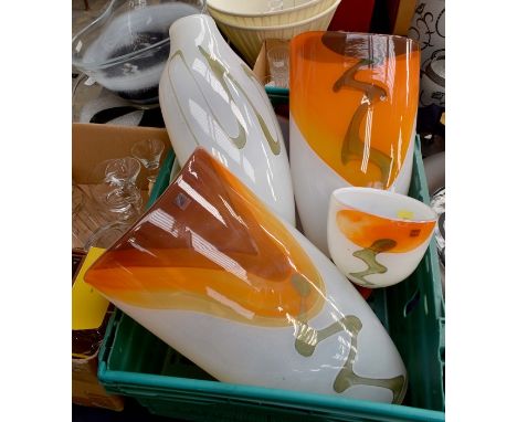 A matching collection of Svaja art glass. Opaque white and orange . A pair of vases, a narrow neck vase, small bowl and centr