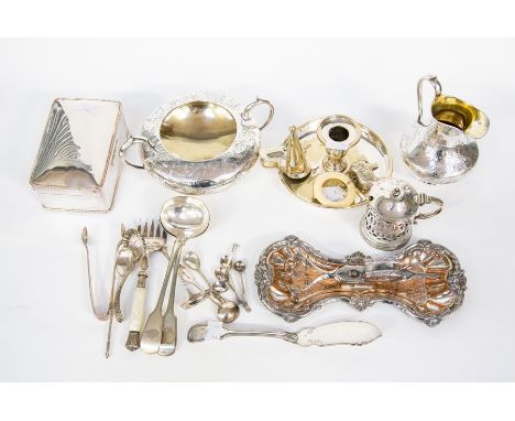 A collection of silver plate, EPNS, white metal including a Victorian elephant shaped children's rattle and teething ring; ca