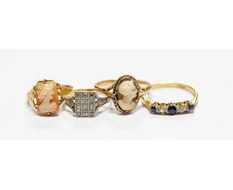 An 18ct gold and diamond ring, size J 1/2, approx 2.1 grams; a gold, sapphire and diamond ring, size P, approx 2.1 grams; two