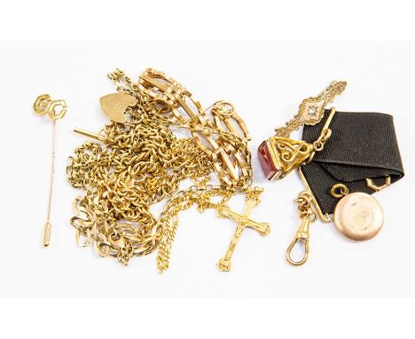A collection of 9ct gold and yellow metal jewellery to include a 9ct Albert chain with T bar, length approx. 16'', a gate bra