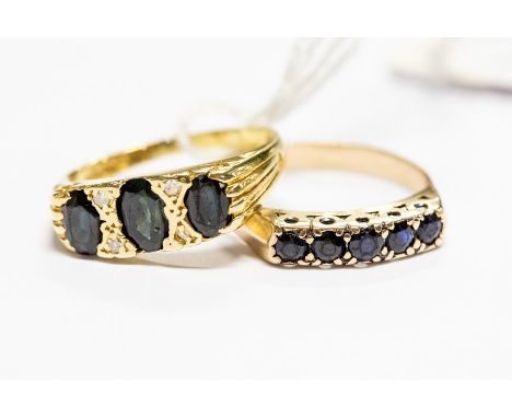 An 18ct gold ring, set with three blue/green stones, with diamond accents, size R, approx 4.5gms; and 9ct gold ring set with 