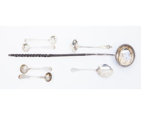A whale bone and silver toddy ladle together with a sauce ladle and four mustard spoons and a conserve spoon 111.2 grams appr