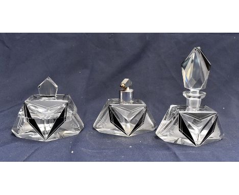 A 1930's Art Deco three piece glass dressing table set (3)