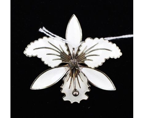 A Norwegian silver and white enamel orchid brooch, by Aksel Holmsen, stamped 925 Norway, approx 7cm wide, approx 22.5gms